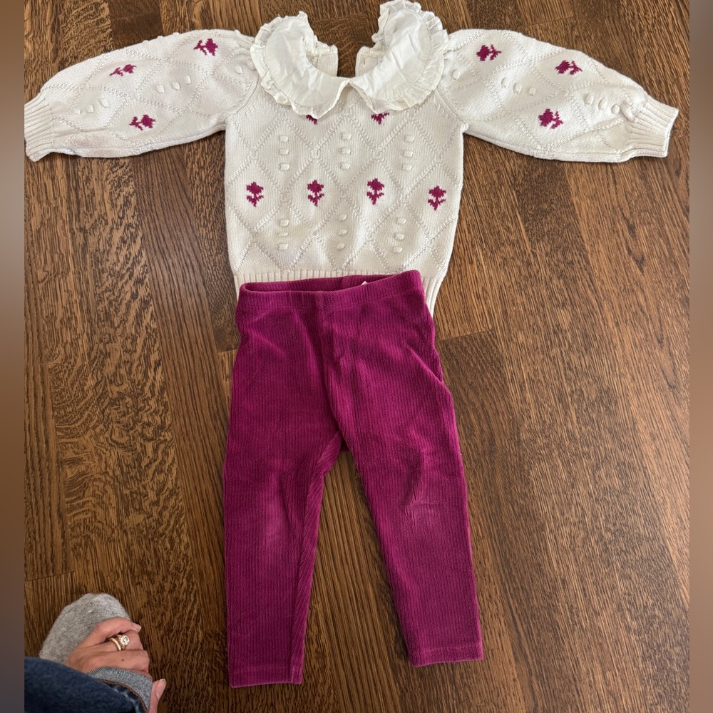 White Sweater with Pink Accents and Pink corduroy leggings